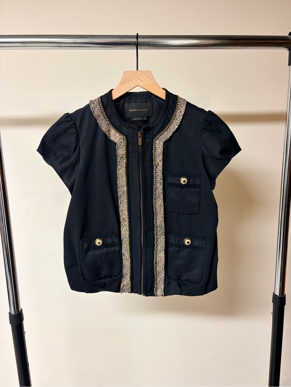 BCBGMaxAzria Black Short-Sleeve Jacket with Gold Trim